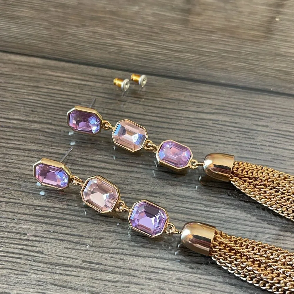 Long Dangling Pink & Purple Gold-tone Tassel Earrings